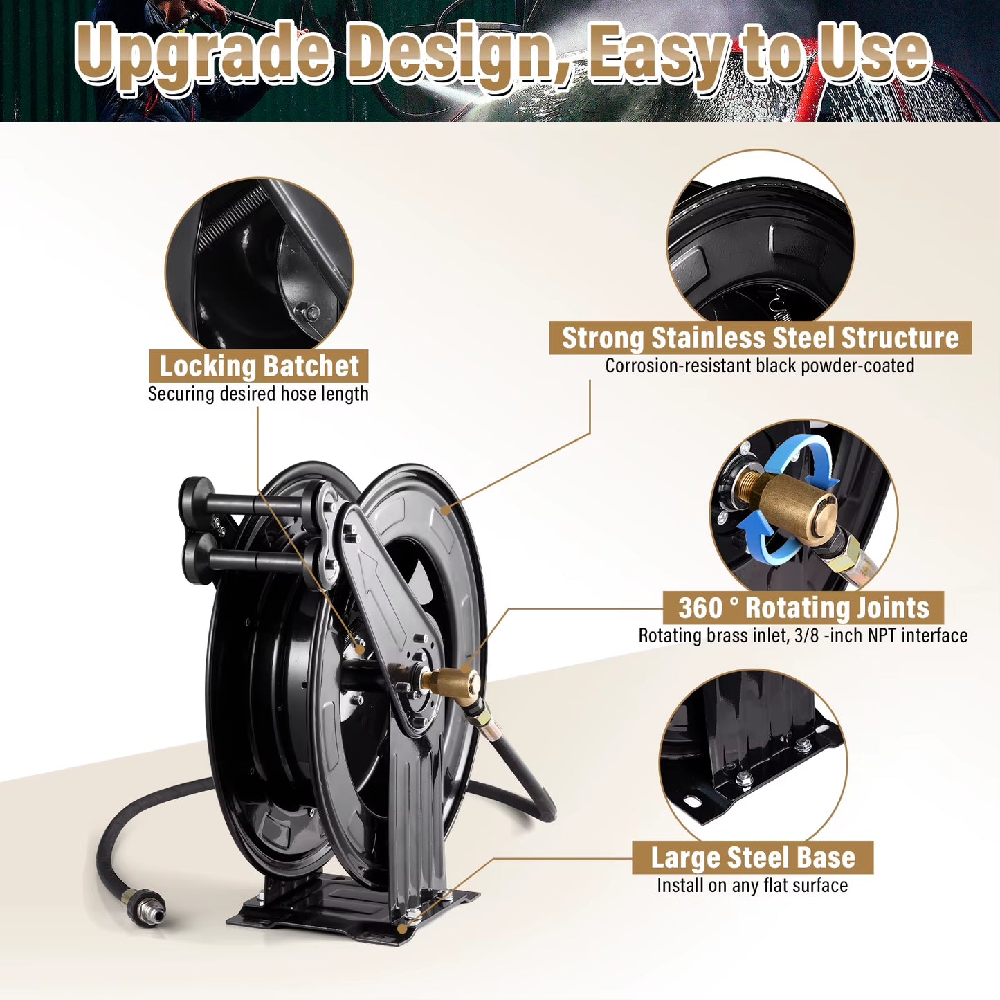 3/8" Industrial Hose Reel with Adjustable Length Lock, 59FT Capacity for Pressure Washing, Oil Transfer, and Workshop Air Tool Applications