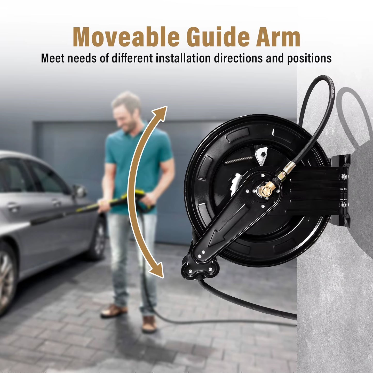 3/8" Industrial Hose Reel with Adjustable Length Lock, 59FT Capacity for Pressure Washing, Oil Transfer, and Workshop Air Tool Applications