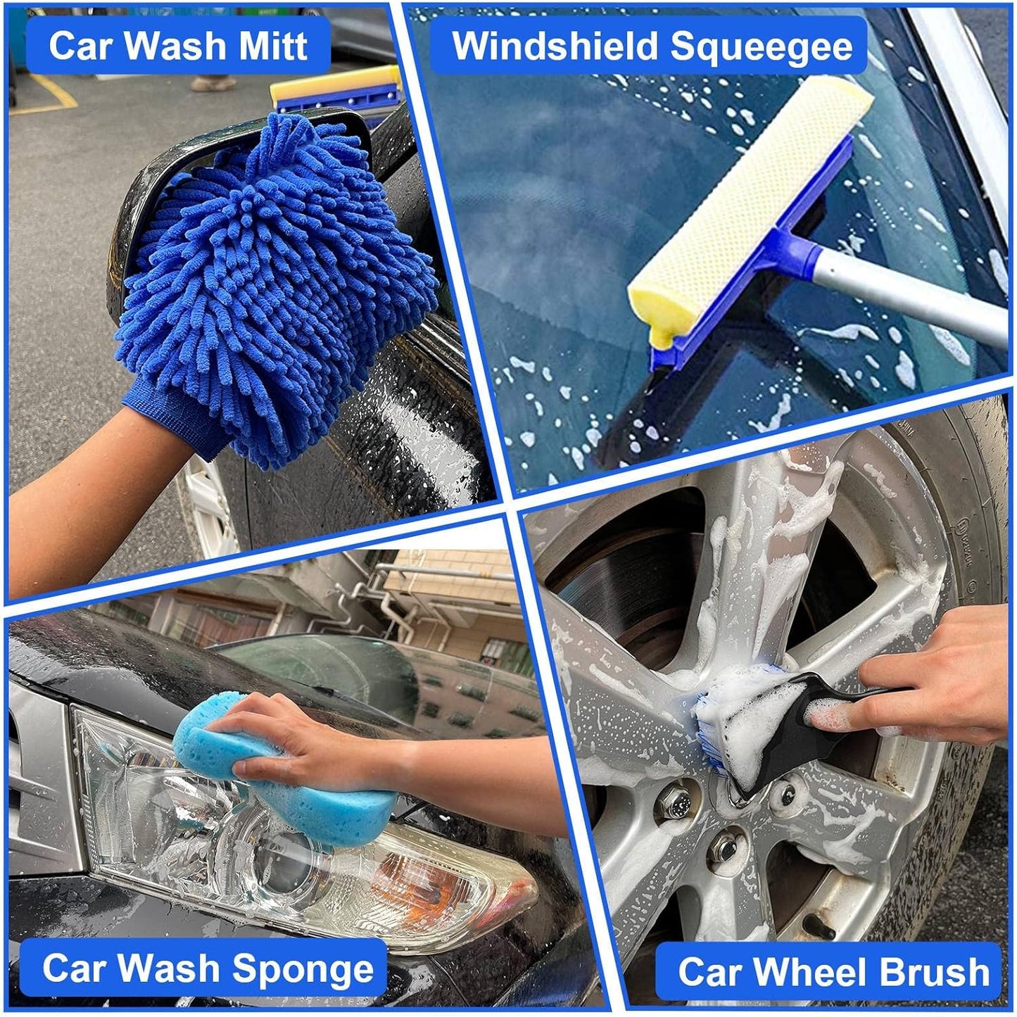 Comprehensive 21-Piece Car Wash Kit with Extended Handle Brush, Detailing Brushes, Filtered Wash Bucket, and Windshield Squeegee for Automotive and Marine Use