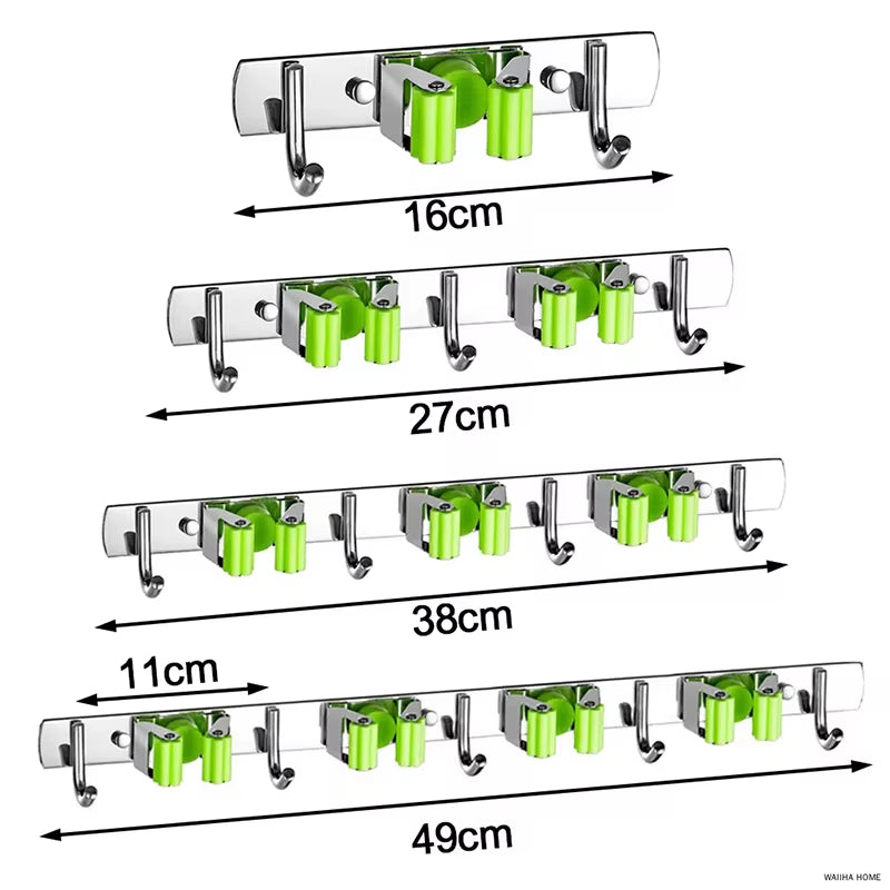 Stainless Steel Wall-Mounted Mop and Broom Organizer for Kitchen and Bathroom Storage Solutions