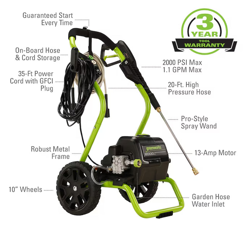 2000 PSI 1.1 GPM Electric Cold Water Pressure Washer with Three Spray Tips