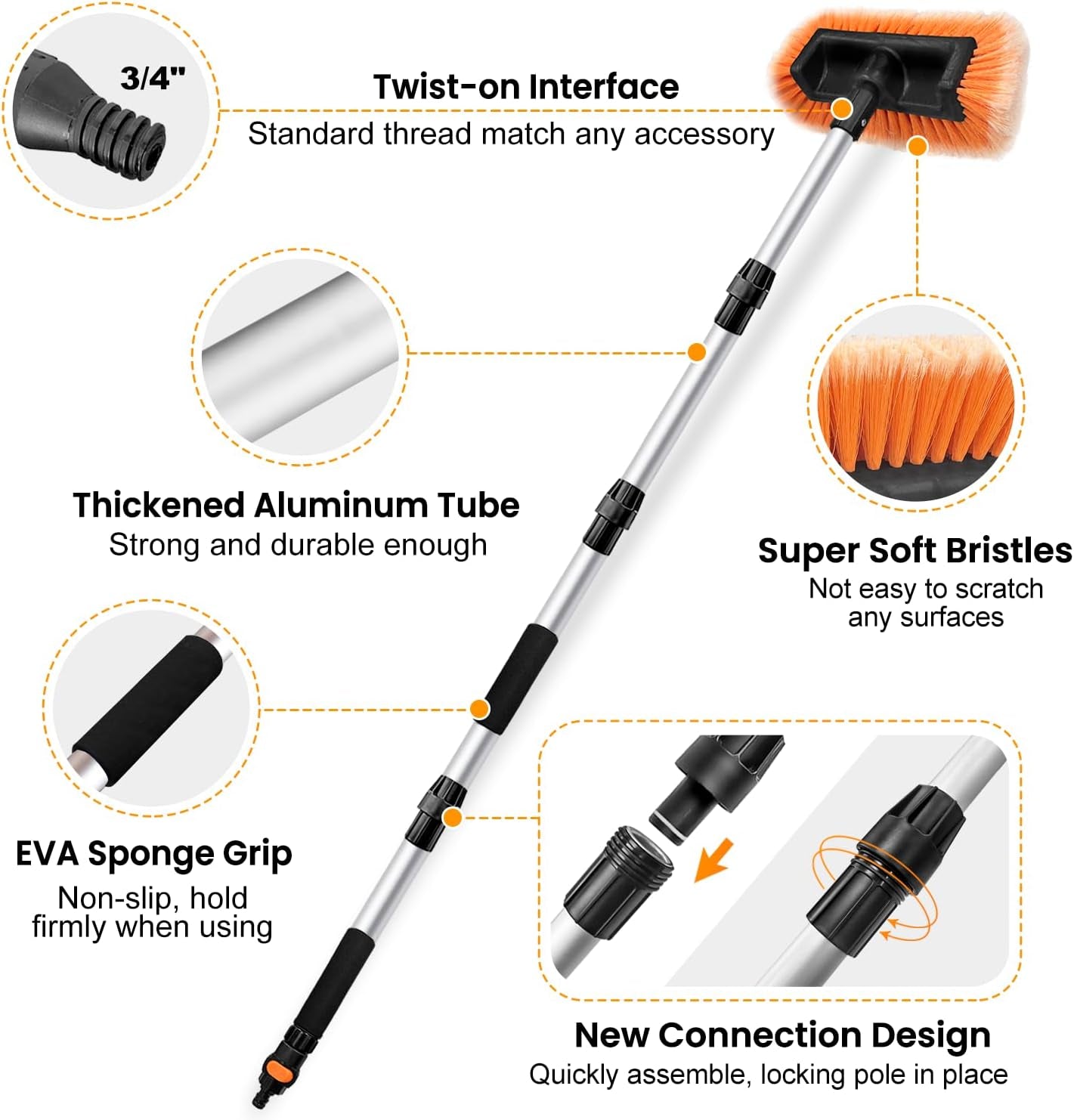 72" Car Wash Brush with Long Handle, Flow-Thru Soft Bristle Car Washing Brush with Extendable Handle and Hose Attachment and On/Off Switch for Car, RV, SUV, Truck, Boat, House Siding