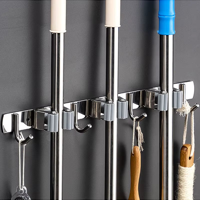Stainless Steel Wall-Mounted Mop and Broom Organizer for Kitchen and Bathroom Storage Solutions