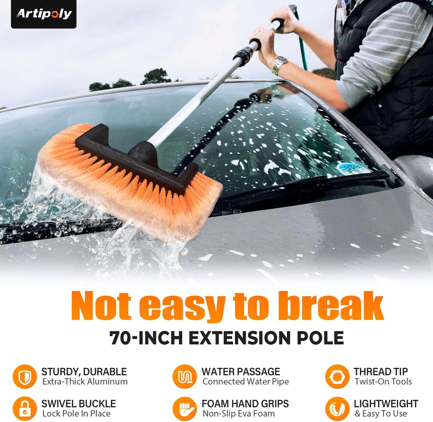 72" Car Wash Brush with Long Handle, Flow-Thru Soft Bristle Car Washing Brush with Extendable Handle and Hose Attachment and On/Off Switch for Car, RV, SUV, Truck, Boat, House Siding