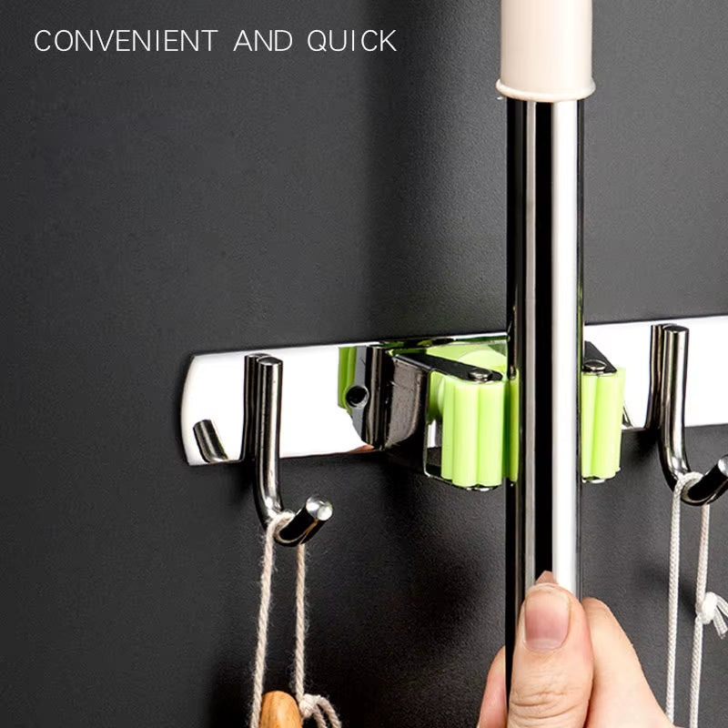 Stainless Steel Wall-Mounted Mop and Broom Organizer for Kitchen and Bathroom Storage Solutions