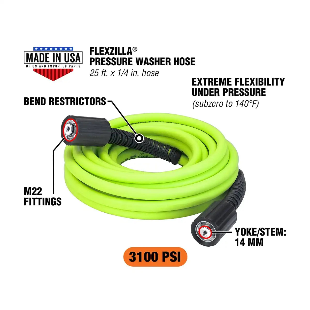 Flexzilla Pressure Washer Hose, 1/4 in. x 25 ft., 3100 PSI, M22 Fittings, ZillaGreen