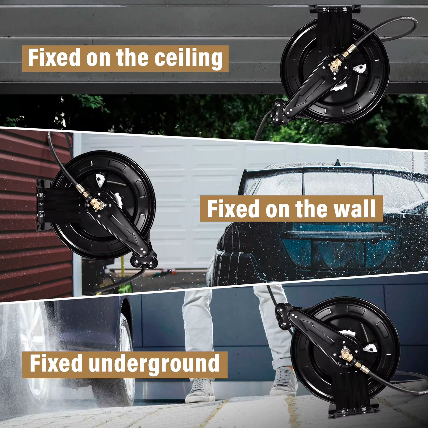 3/8" Industrial Hose Reel with Adjustable Length Lock, 59FT Capacity for Pressure Washing, Oil Transfer, and Workshop Air Tool Applications