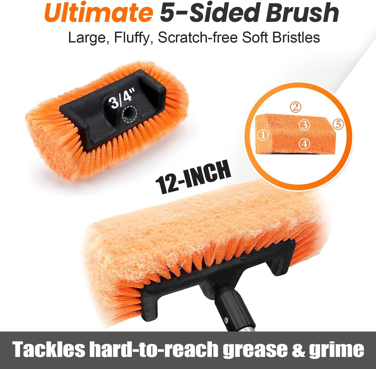 72" Car Wash Brush with Long Handle, Flow-Thru Soft Bristle Car Washing Brush with Extendable Handle and Hose Attachment and On/Off Switch for Car, RV, SUV, Truck, Boat, House Siding
