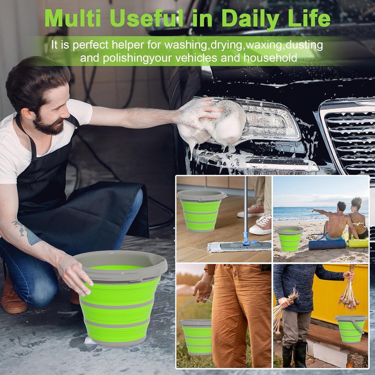 Collapsible 10L Car Wash Bucket with Microfiber Mitt - Portable Folding Basin for Automotive and Household Cleaning in Green