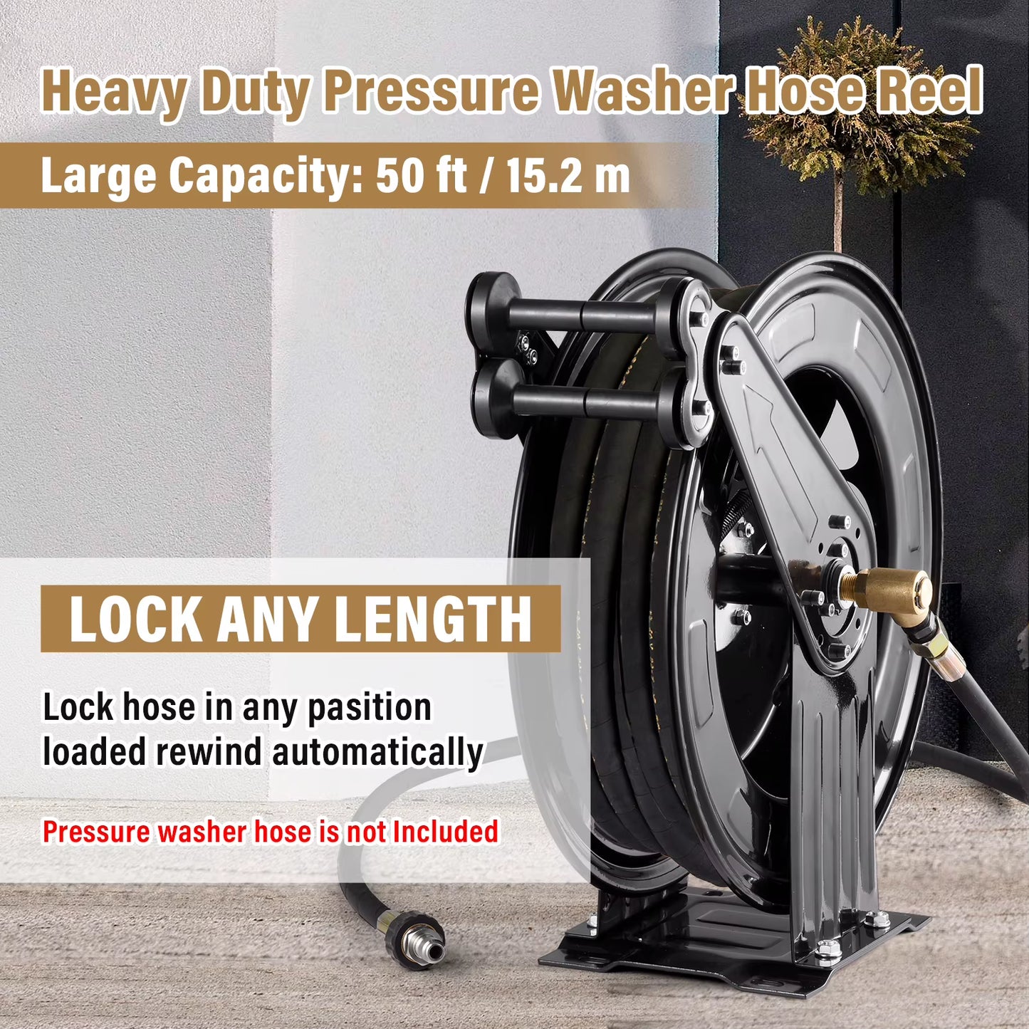 3/8" Industrial Hose Reel with Adjustable Length Lock, 59FT Capacity for Pressure Washing, Oil Transfer, and Workshop Air Tool Applications