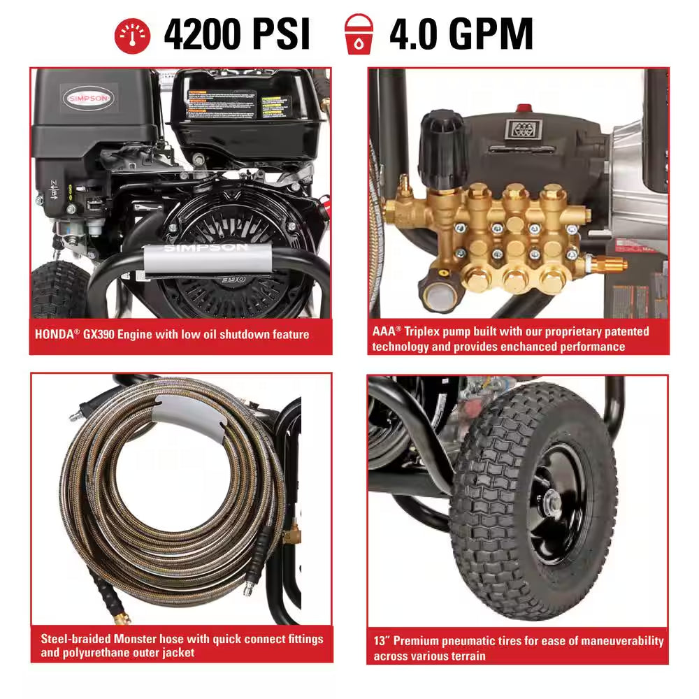 4200 PSI 4.0 GPM Cold Water Gas Pressure Washer with HONDA GX390 Engine