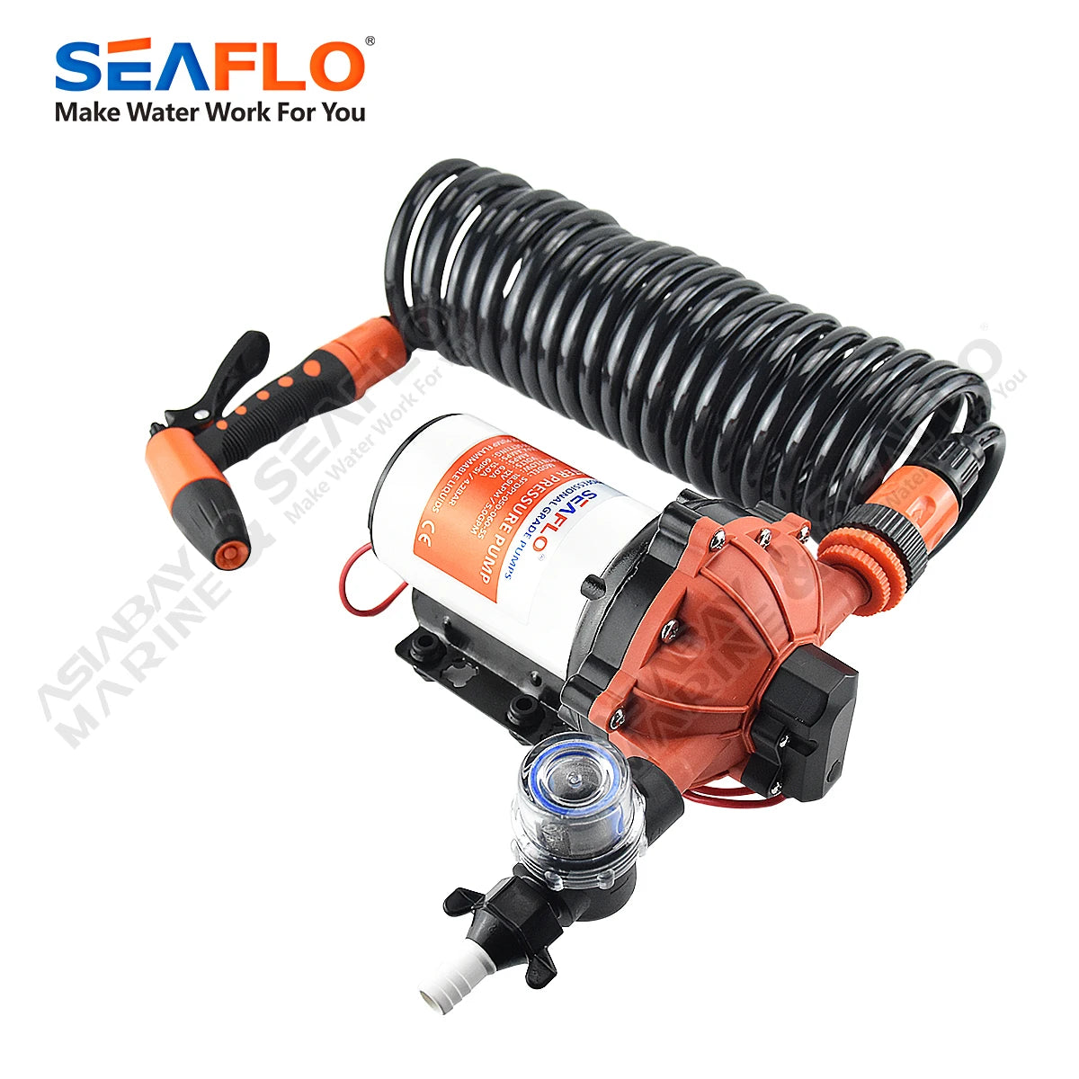 SEAFLO 55 Series Diaphragm Water Pump Our heavy-duty washdown kit 5.0GPM 60PSI 12V with 6.5m Coiled Hose On-Board
