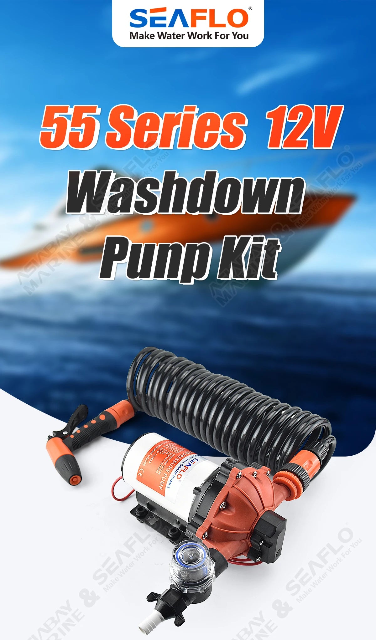 SEAFLO 55 Series Diaphragm Water Pump Our heavy-duty washdown kit 5.0GPM 60PSI 12V with 6.5m Coiled Hose On-Board