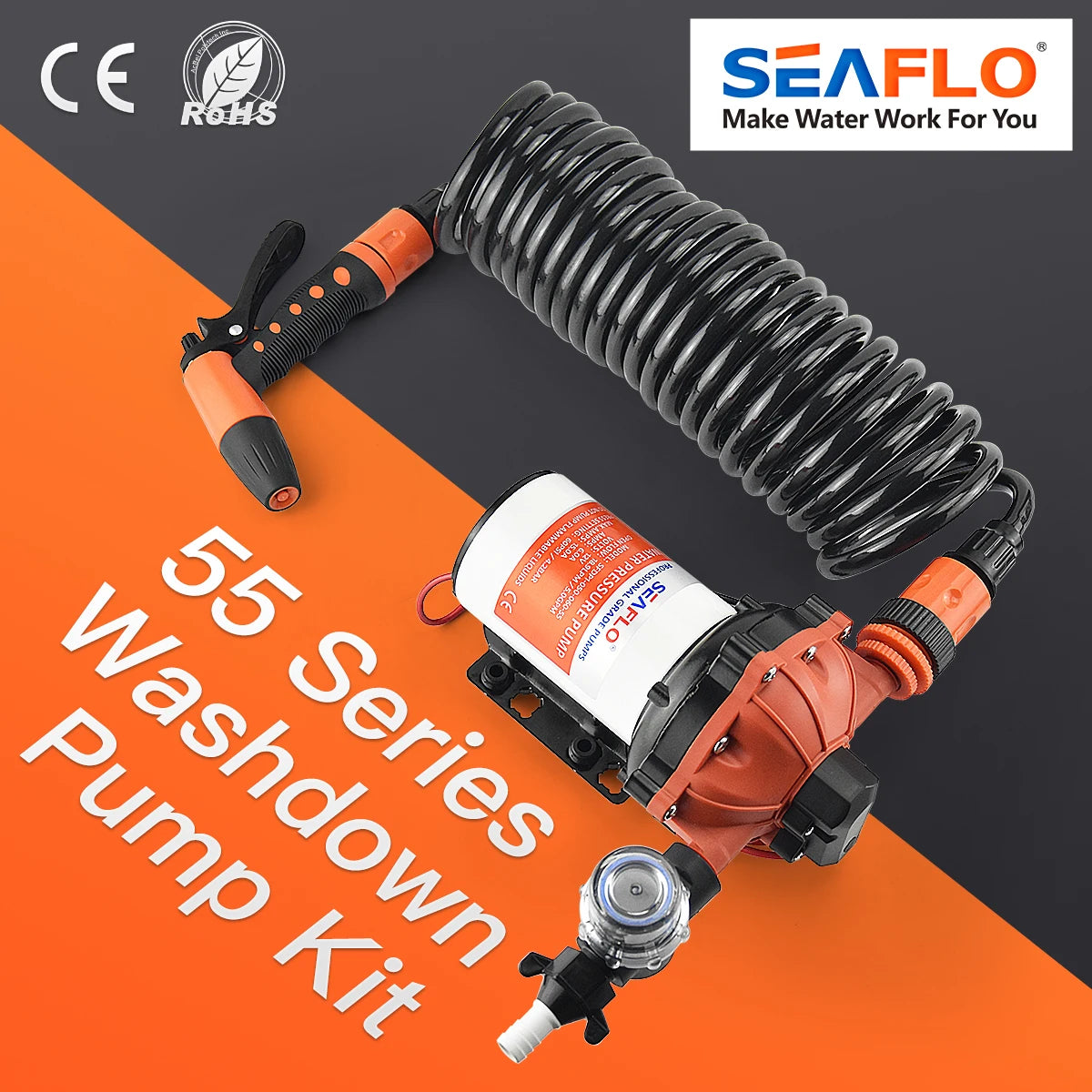 SEAFLO 55 Series Diaphragm Water Pump Our heavy-duty washdown kit 5.0GPM 60PSI 12V with 6.5m Coiled Hose On-Board