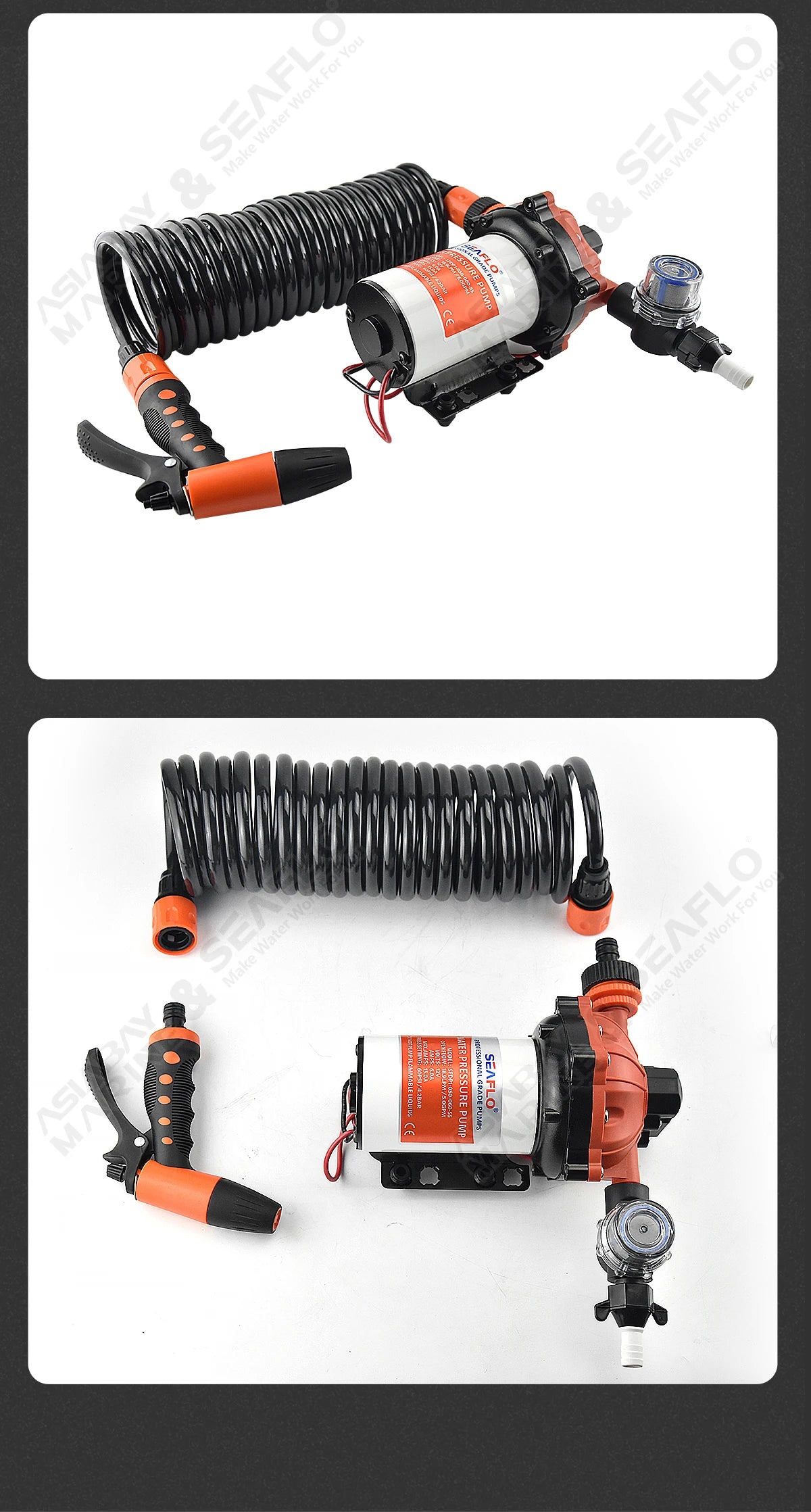 SEAFLO 55 Series Diaphragm Water Pump Our heavy-duty washdown kit 5.0GPM 60PSI 12V with 6.5m Coiled Hose On-Board
