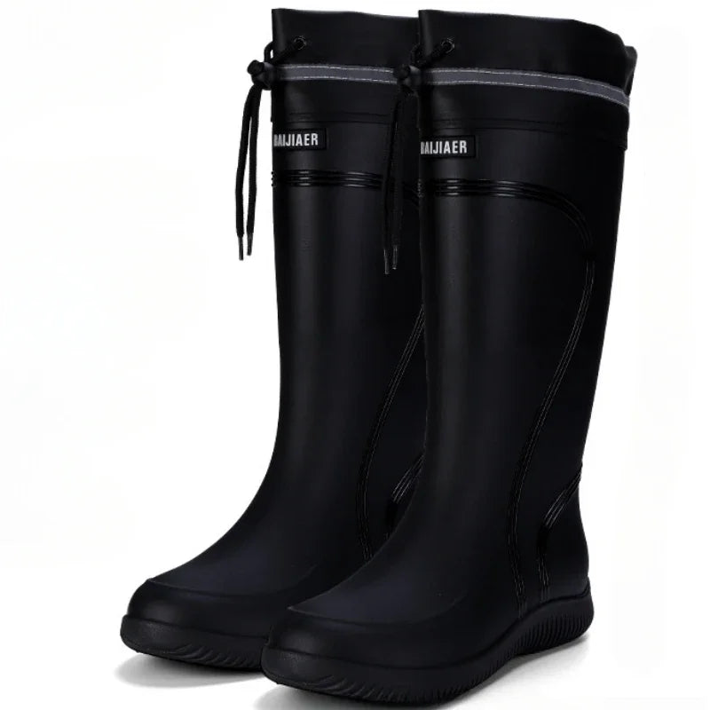 Men's Rain Shoes Waterproof Boots Outdoor Comfortable Mid Calf Boots Rainproof Work Water Shoes Non-Slip Drawstring Rubber Boots