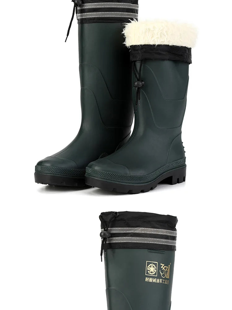 High-tube Plush Warm Rain Boots Men's Cotton Reflective Strip Rain Shoes High-top Rubber Shoes Work Waterproof Shoes Men