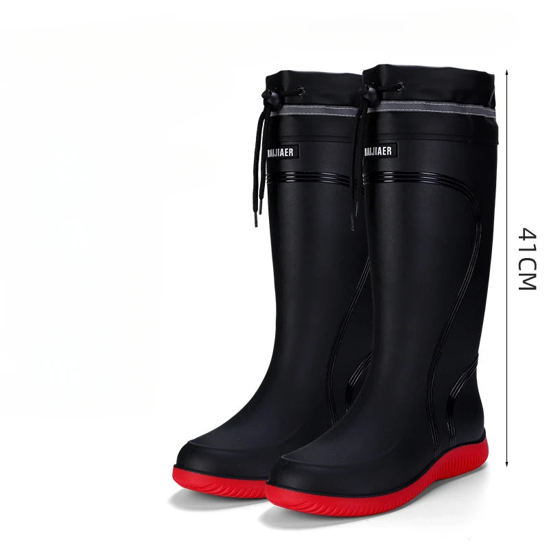 Men's Rain Shoes Waterproof Boots Outdoor Comfortable Mid Calf Boots Rainproof Work Water Shoes Non-Slip Drawstring Rubber Boots