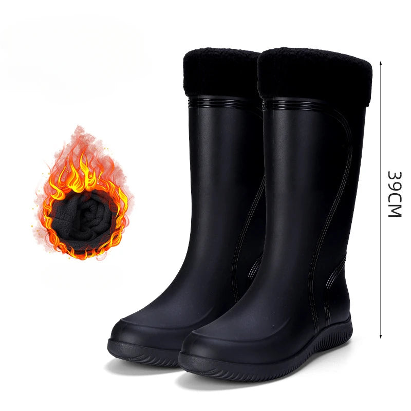 Men's Rain Shoes Waterproof Boots Outdoor Comfortable Mid Calf Boots Rainproof Work Water Shoes Non-Slip Drawstring Rubber Boots