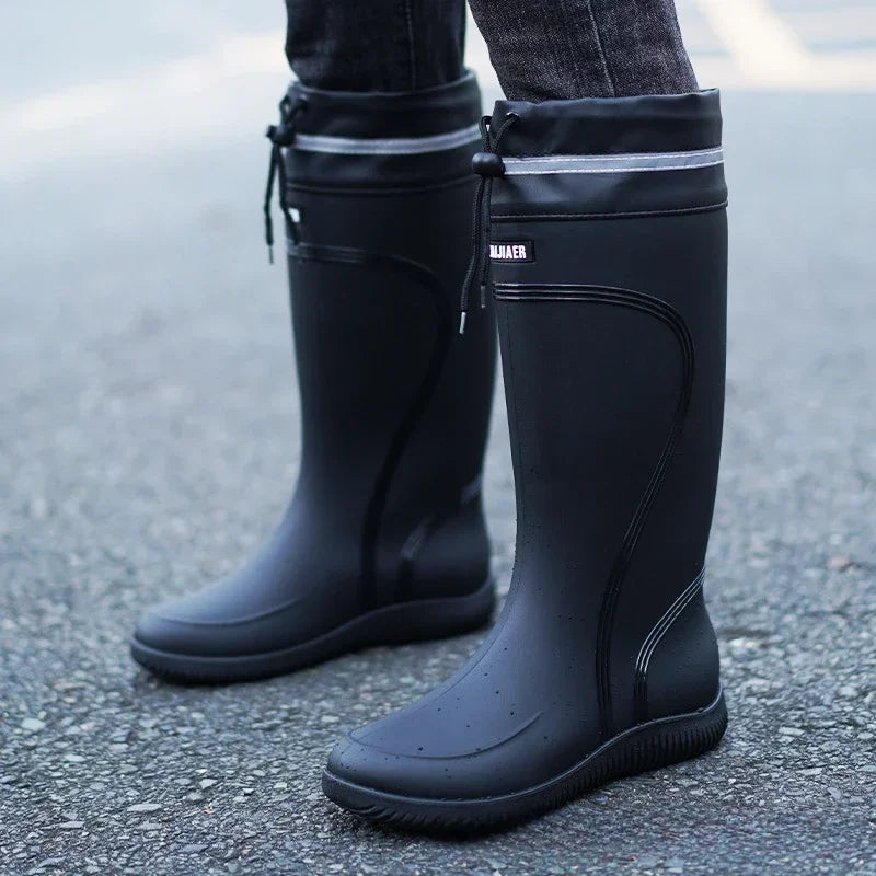 Men's Rain Shoes Waterproof Boots Outdoor Comfortable Mid Calf Boots Rainproof Work Water Shoes Non-Slip Drawstring Rubber Boots