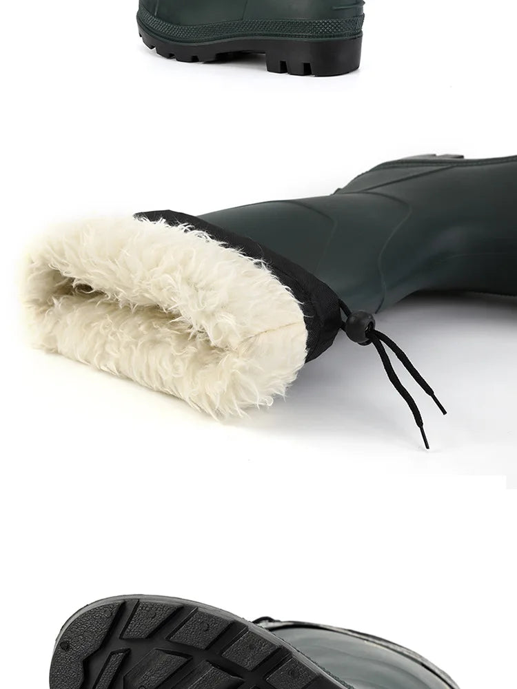 High-tube Plush Warm Rain Boots Men's Cotton Reflective Strip Rain Shoes High-top Rubber Shoes Work Waterproof Shoes Men