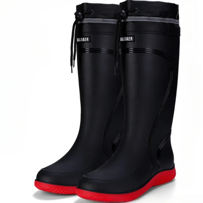 Men's Rain Shoes Waterproof Boots Outdoor Comfortable Mid Calf Boots Rainproof Work Water Shoes Non-Slip Drawstring Rubber Boots