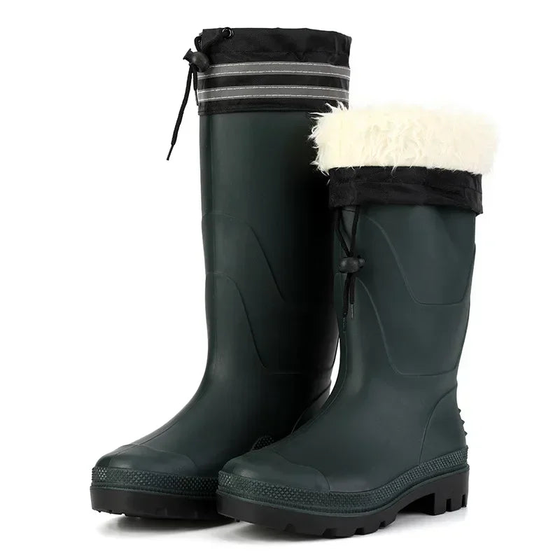 High-tube Plush Warm Rain Boots Men's Cotton Reflective Strip Rain Shoes High-top Rubber Shoes Work Waterproof Shoes Men