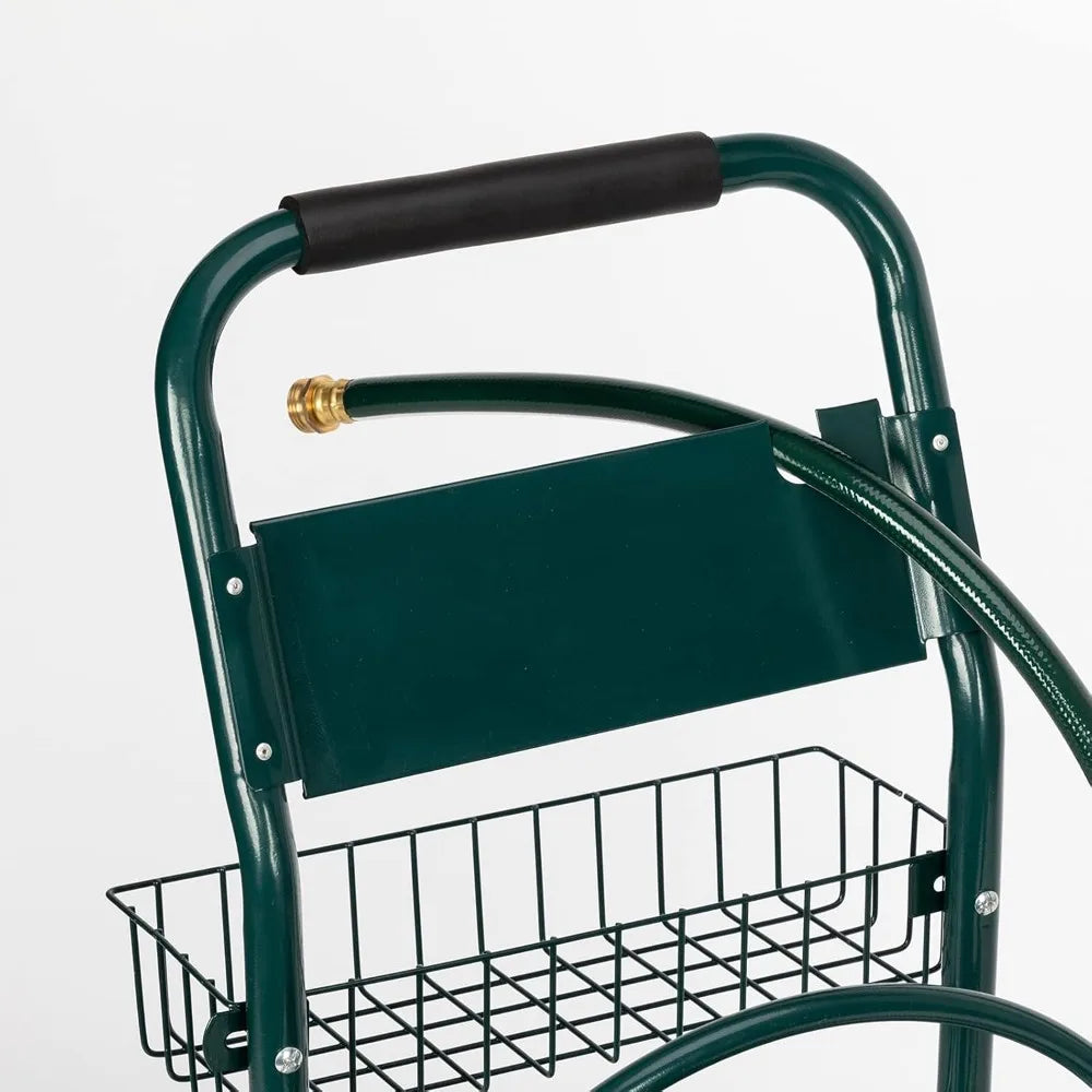4-Wheel Garden Hose Reel Cart with Storage Basket, Portable Residential Hose Reel Cart, Lawn Watering, for Garden Backyard and