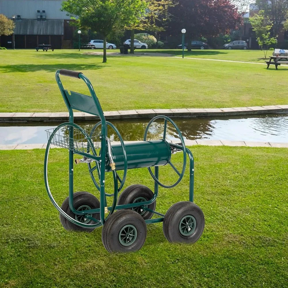 4-Wheel Garden Hose Reel Cart with Storage Basket, Portable Residential Hose Reel Cart, Lawn Watering, for Garden Backyard and