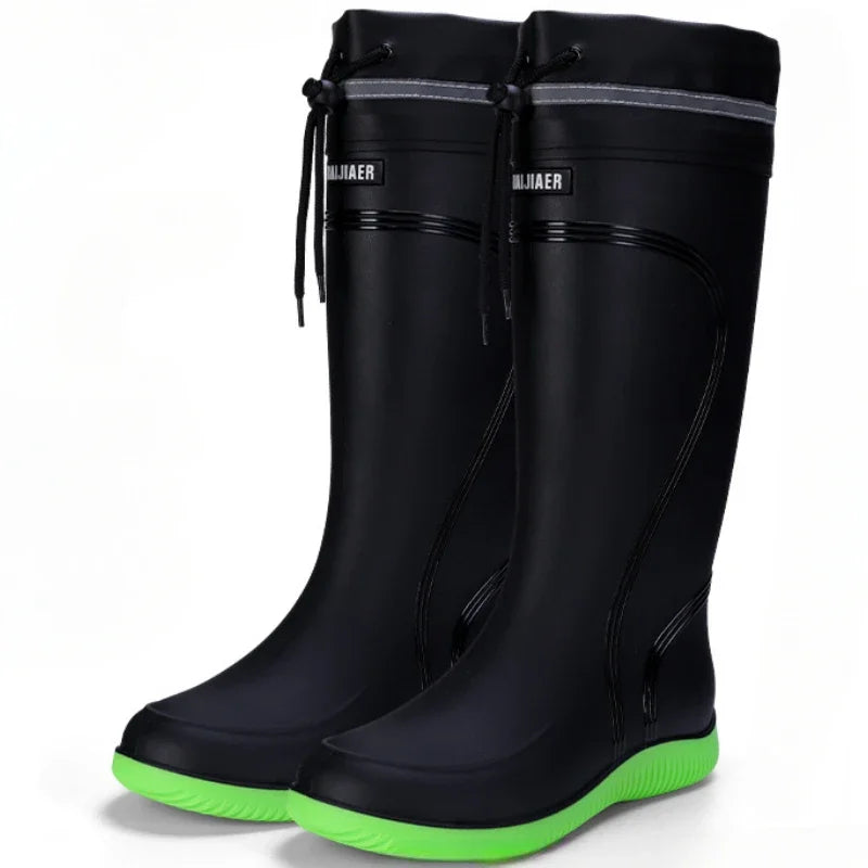 Men's Rain Shoes Waterproof Boots Outdoor Comfortable Mid Calf Boots Rainproof Work Water Shoes Non-Slip Drawstring Rubber Boots