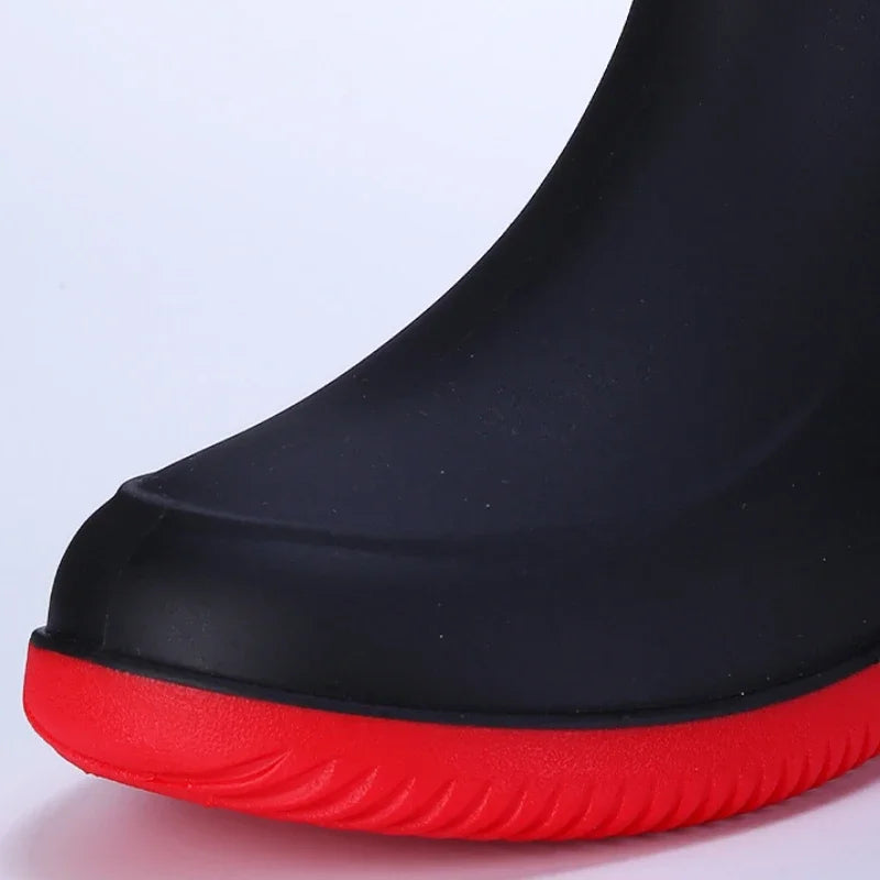 Men's Rain Shoes Waterproof Boots Outdoor Comfortable Mid Calf Boots Rainproof Work Water Shoes Non-Slip Drawstring Rubber Boots