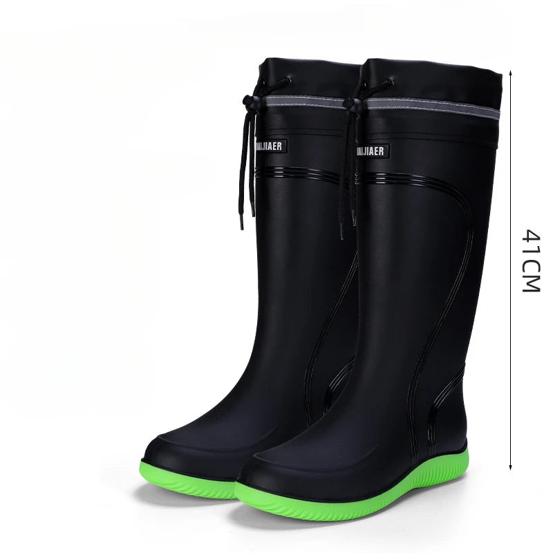 Men's Rain Shoes Waterproof Boots Outdoor Comfortable Mid Calf Boots Rainproof Work Water Shoes Non-Slip Drawstring Rubber Boots