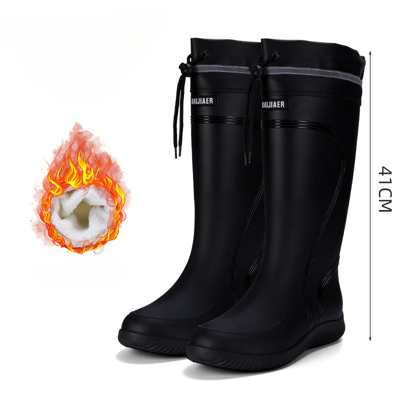 Men's Rain Shoes Waterproof Boots Outdoor Comfortable Mid Calf Boots Rainproof Work Water Shoes Non-Slip Drawstring Rubber Boots