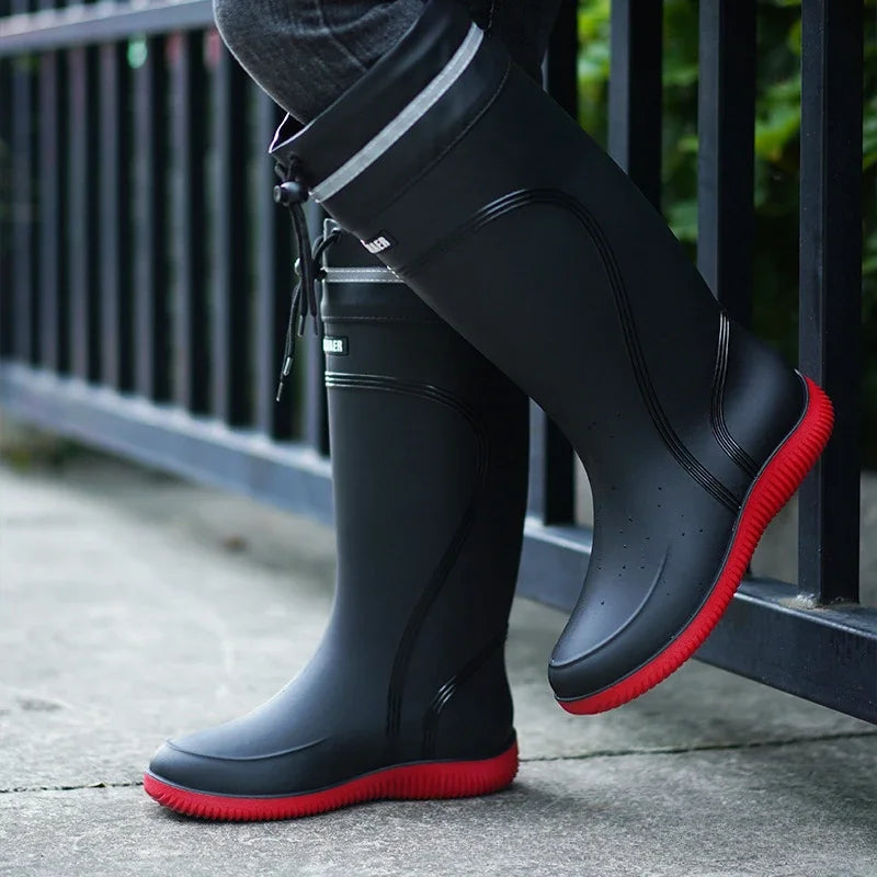 Men's Rain Shoes Waterproof Boots Outdoor Comfortable Mid Calf Boots Rainproof Work Water Shoes Non-Slip Drawstring Rubber Boots