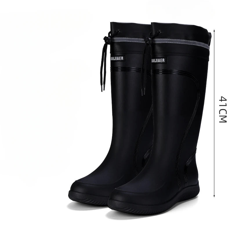Men's Rain Shoes Waterproof Boots Outdoor Comfortable Mid Calf Boots Rainproof Work Water Shoes Non-Slip Drawstring Rubber Boots