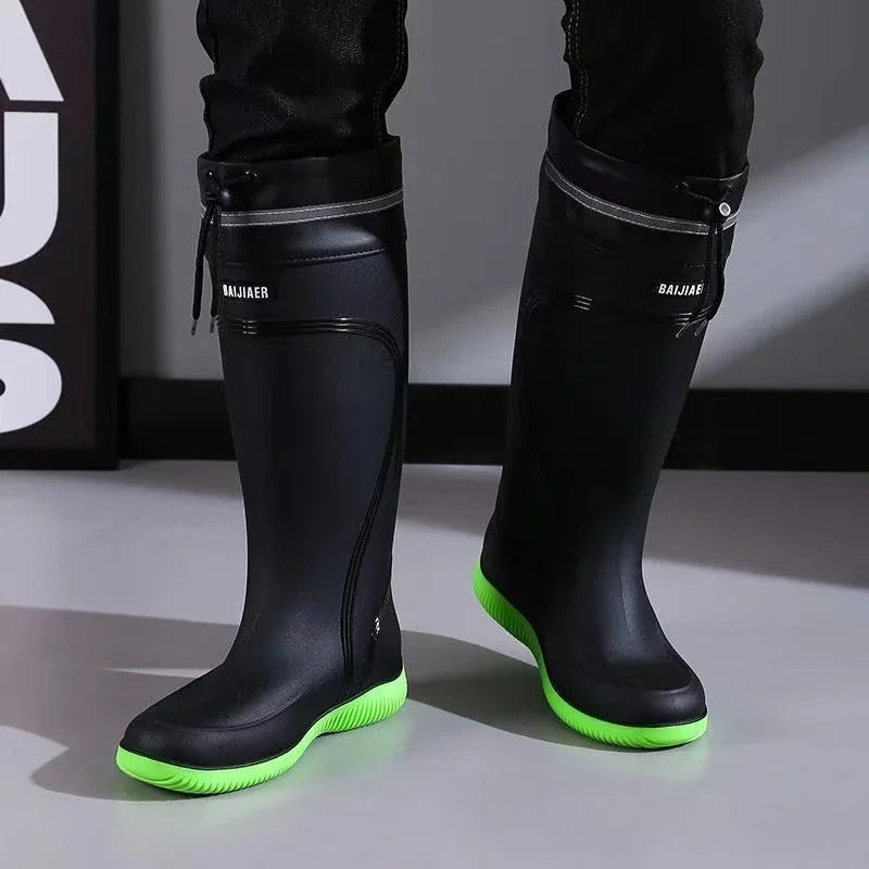 Men's Rain Shoes Waterproof Boots Outdoor Comfortable Mid Calf Boots Rainproof Work Water Shoes Non-Slip Drawstring Rubber Boots