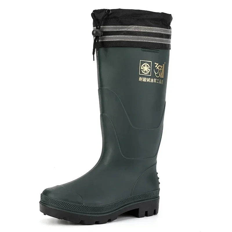 High-tube Plush Warm Rain Boots Men's Cotton Reflective Strip Rain Shoes High-top Rubber Shoes Work Waterproof Shoes Men