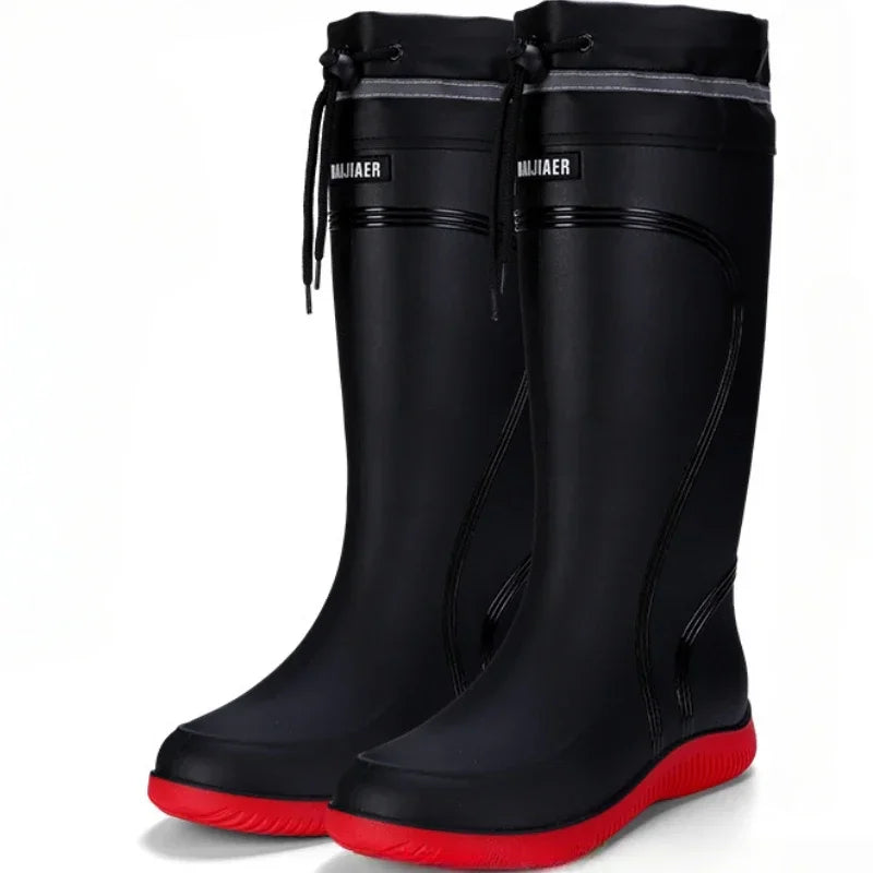 Men's Rain Shoes Waterproof Boots Outdoor Comfortable Mid Calf Boots Rainproof Work Water Shoes Non-Slip Drawstring Rubber Boots