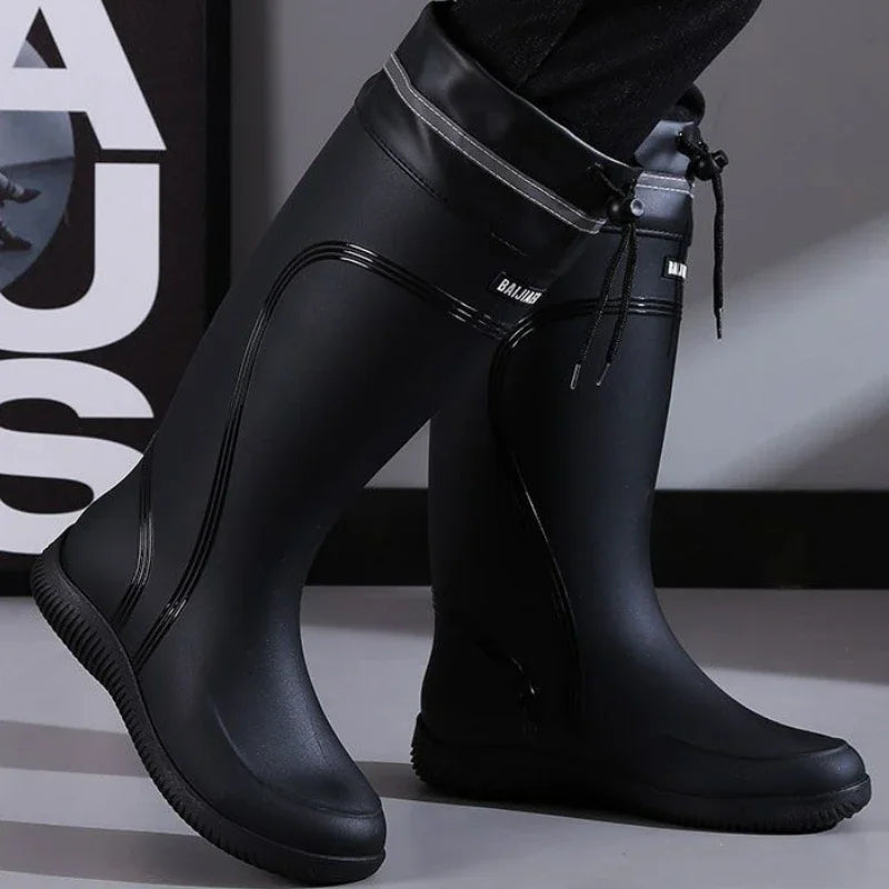 Men's Rain Shoes Waterproof Boots Outdoor Comfortable Mid Calf Boots Rainproof Work Water Shoes Non-Slip Drawstring Rubber Boots