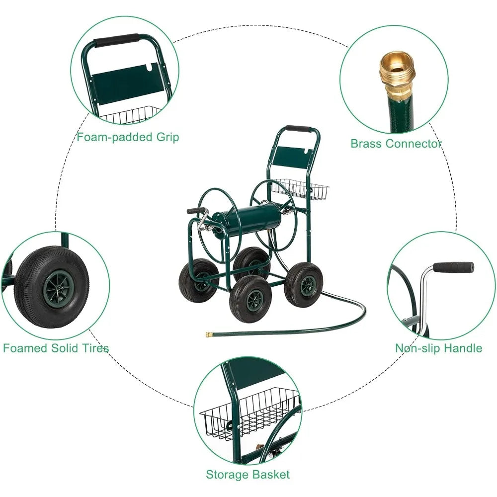 4-Wheel Garden Hose Reel Cart with Storage Basket, Portable Residential Hose Reel Cart, Lawn Watering, for Garden Backyard and