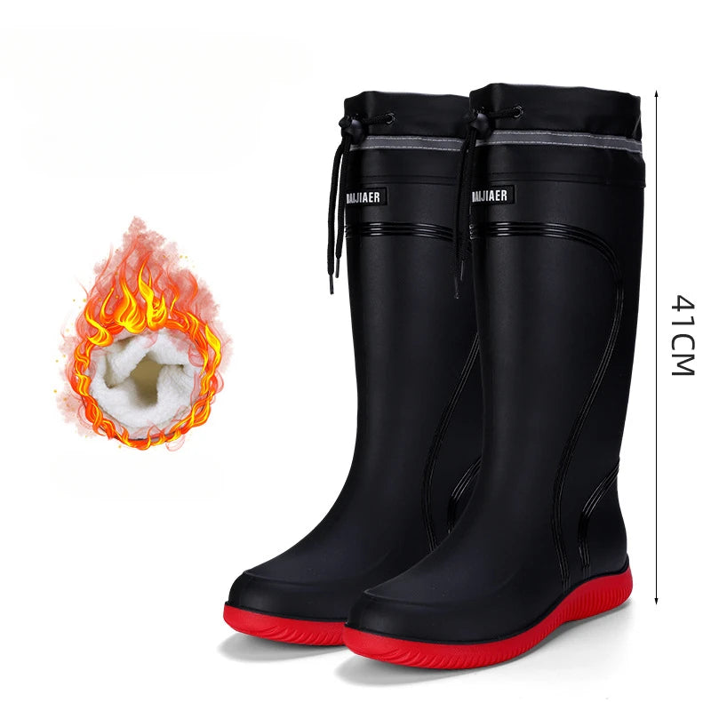Men's Rain Shoes Waterproof Boots Outdoor Comfortable Mid Calf Boots Rainproof Work Water Shoes Non-Slip Drawstring Rubber Boots