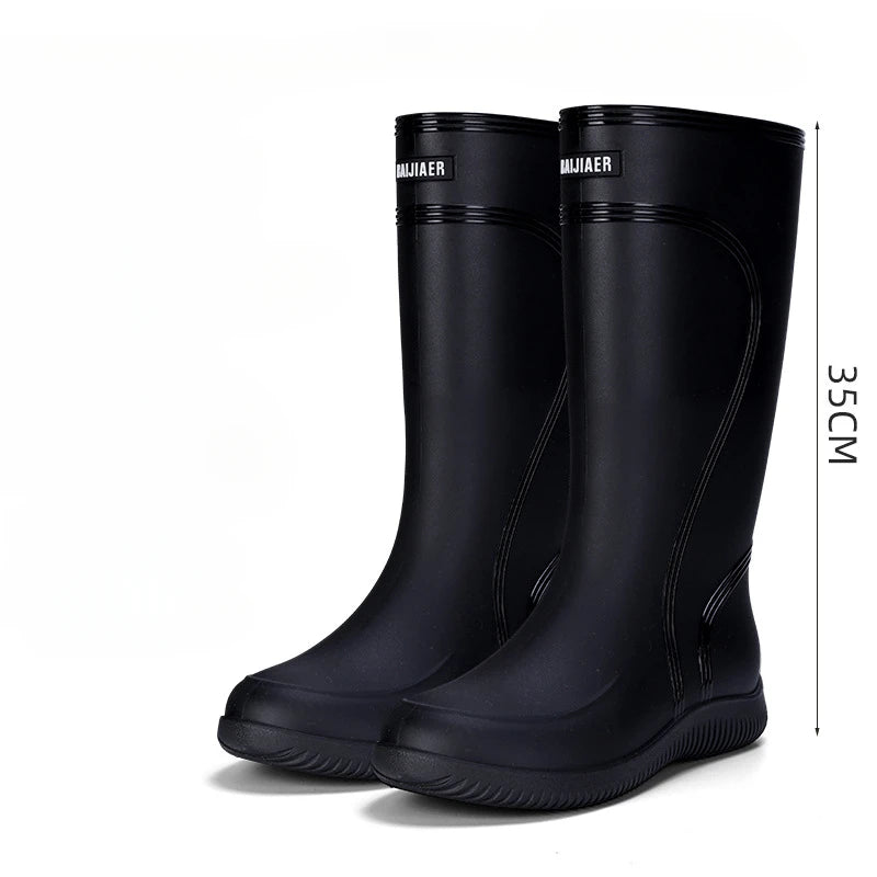Men's Rain Shoes Waterproof Boots Outdoor Comfortable Mid Calf Boots Rainproof Work Water Shoes Non-Slip Drawstring Rubber Boots