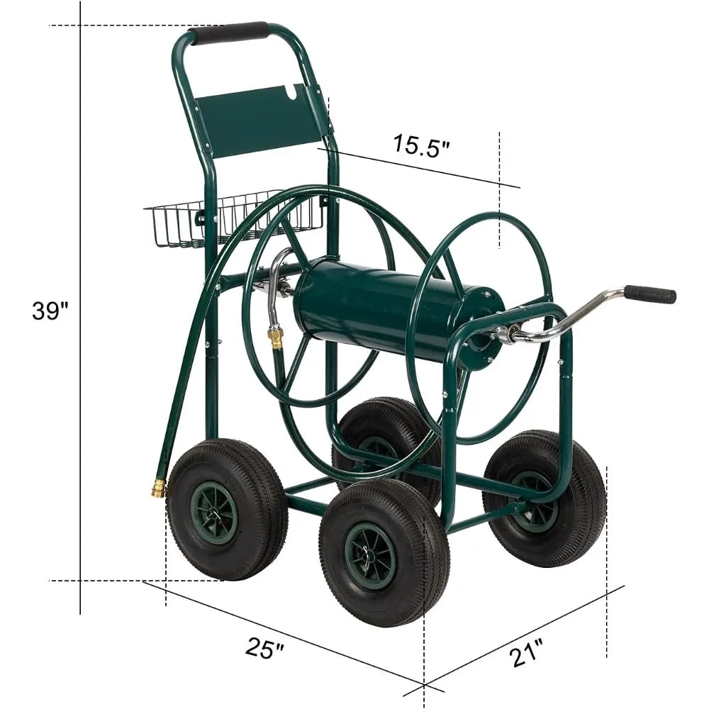 4-Wheel Garden Hose Reel Cart with Storage Basket, Portable Residential Hose Reel Cart, Lawn Watering, for Garden Backyard and