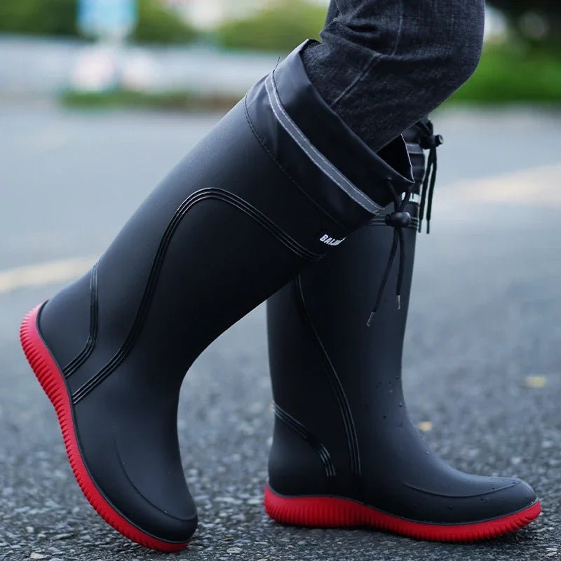 Men's Rain Shoes Waterproof Boots Outdoor Comfortable Mid Calf Boots Rainproof Work Water Shoes Non-Slip Drawstring Rubber Boots