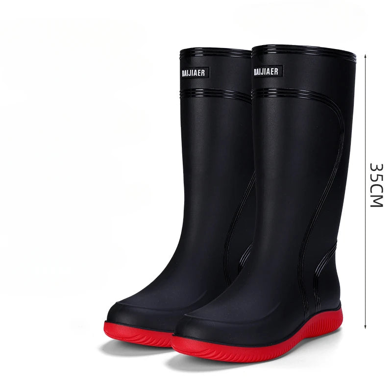 Men's Rain Shoes Waterproof Boots Outdoor Comfortable Mid Calf Boots Rainproof Work Water Shoes Non-Slip Drawstring Rubber Boots