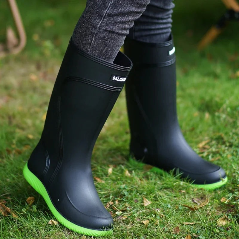 Men's Rain Shoes Waterproof Boots Outdoor Comfortable Mid Calf Boots Rainproof Work Water Shoes Non-Slip Drawstring Rubber Boots