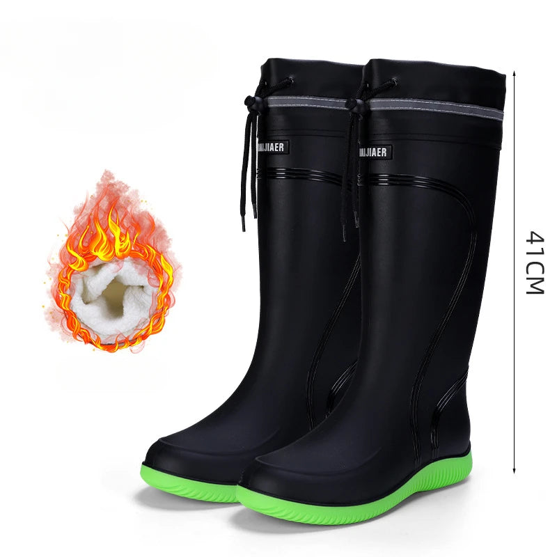 Men's Rain Shoes Waterproof Boots Outdoor Comfortable Mid Calf Boots Rainproof Work Water Shoes Non-Slip Drawstring Rubber Boots