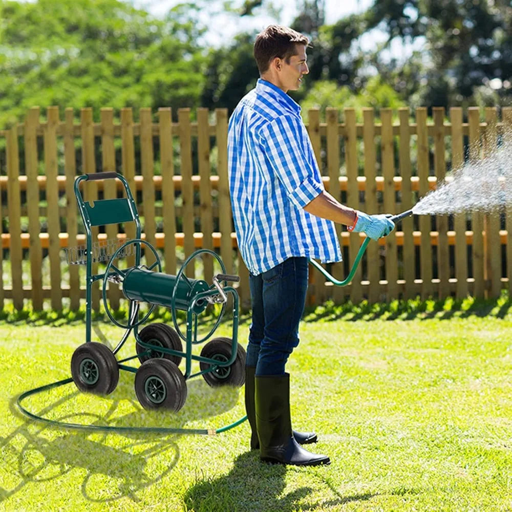 4-Wheel Garden Hose Reel Cart with Storage Basket, Portable Residential Hose Reel Cart, Lawn Watering, for Garden Backyard and