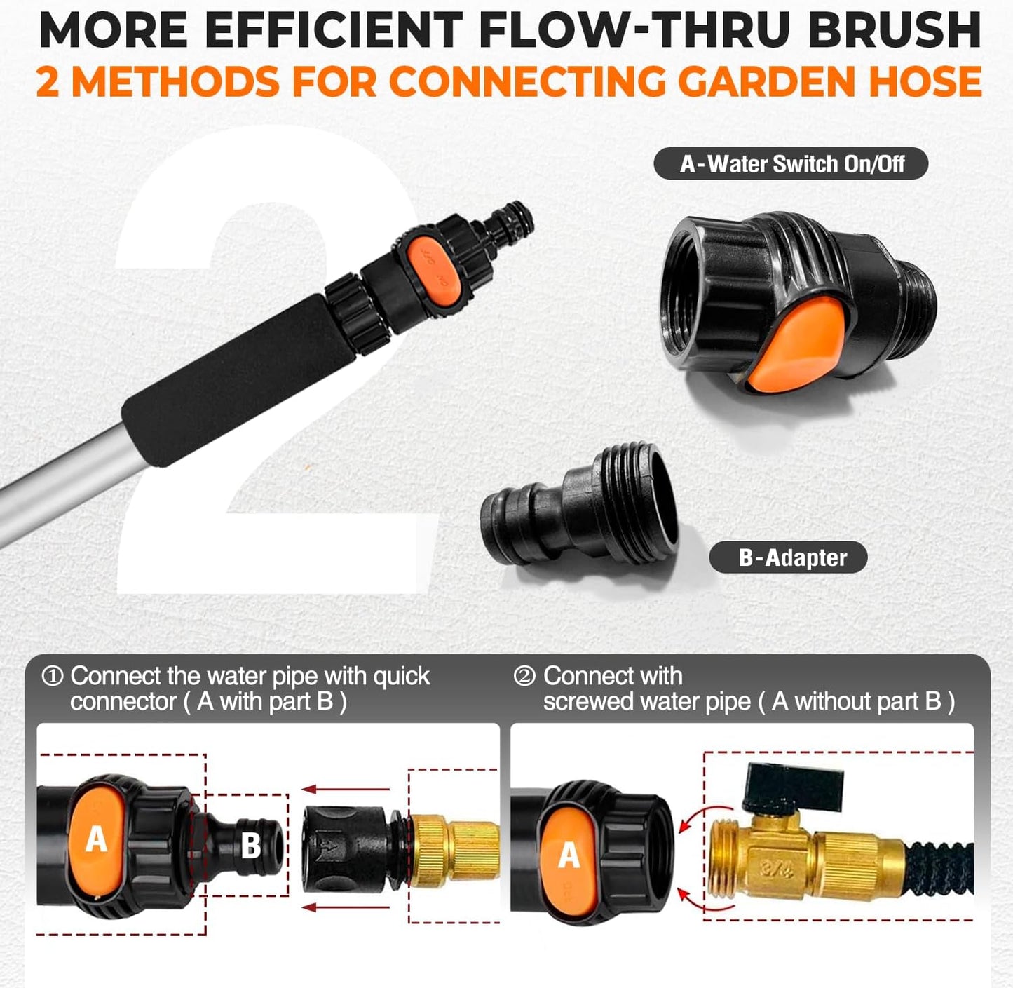 72" Car Wash Brush with Long Handle, Flow-Thru Soft Bristle Car Washing Brush with Extendable Handle and Hose Attachment and On/Off Switch for Car, RV, SUV, Truck, Boat, House Siding