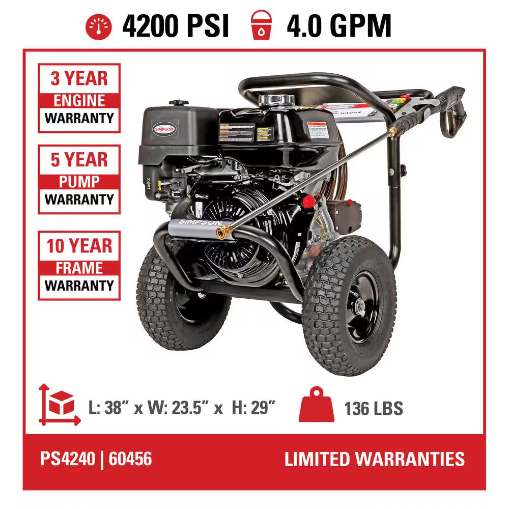 4200 PSI 4.0 GPM Cold Water Gas Pressure Washer with HONDA GX390 Engine